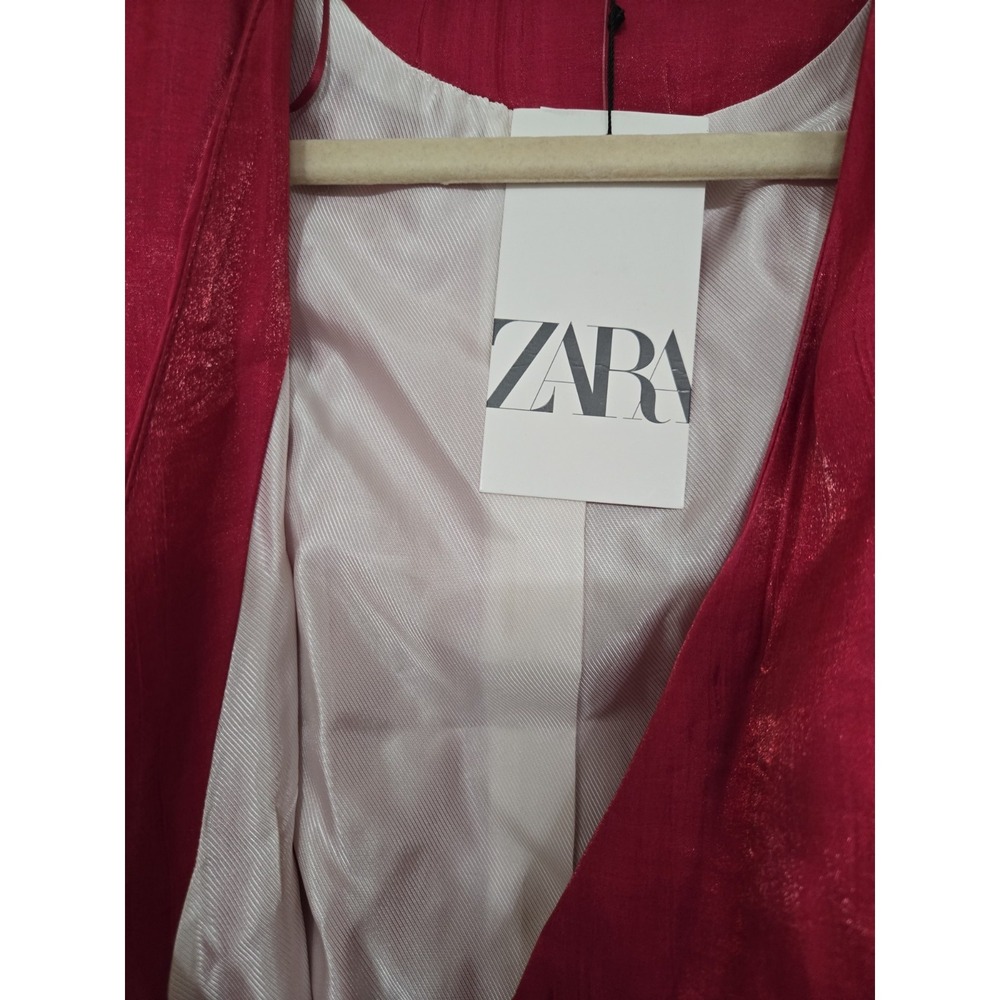 Zara Shiny Satin Wrinkle Effect Belted Shoulder Pad Blazer Fushia Size M NWT - Picture 6 of 10